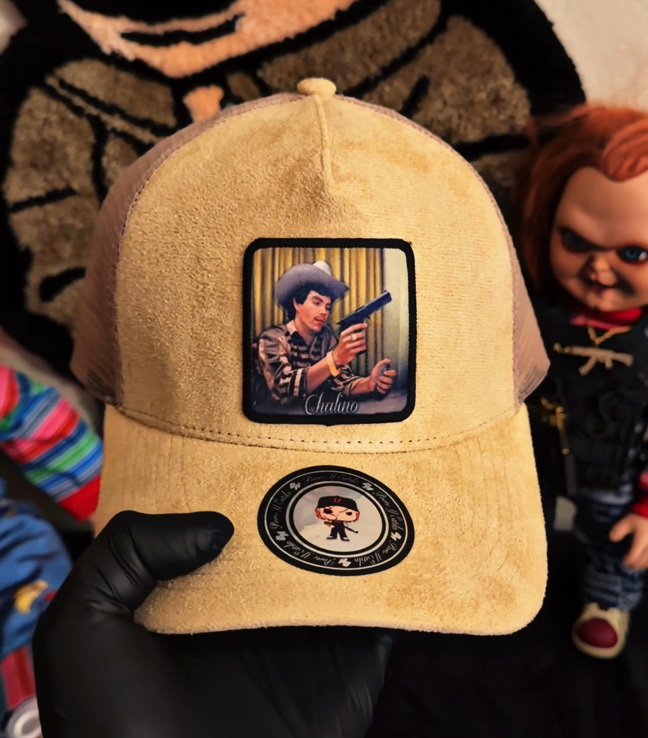 Chalino suede khaki trucker hat