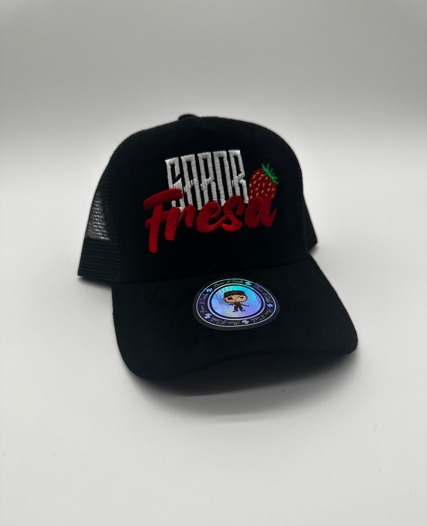 Sabor fresa gorra de gamuza negra trucker