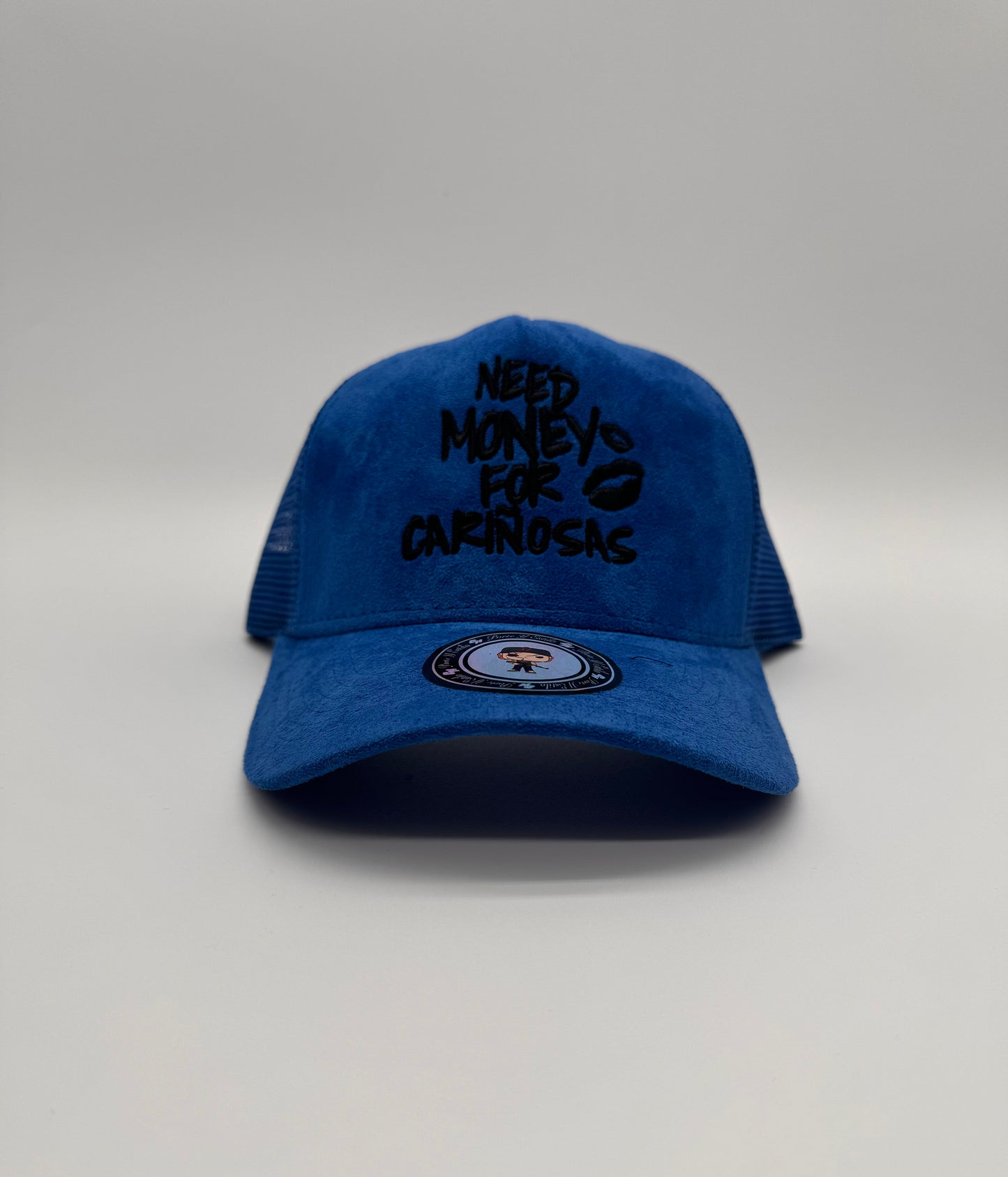 Need money for cariñosas blue sued trucker hat