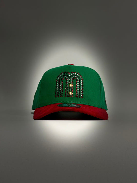 Mexico adiamantada verde con visera de gamuza roja snapback