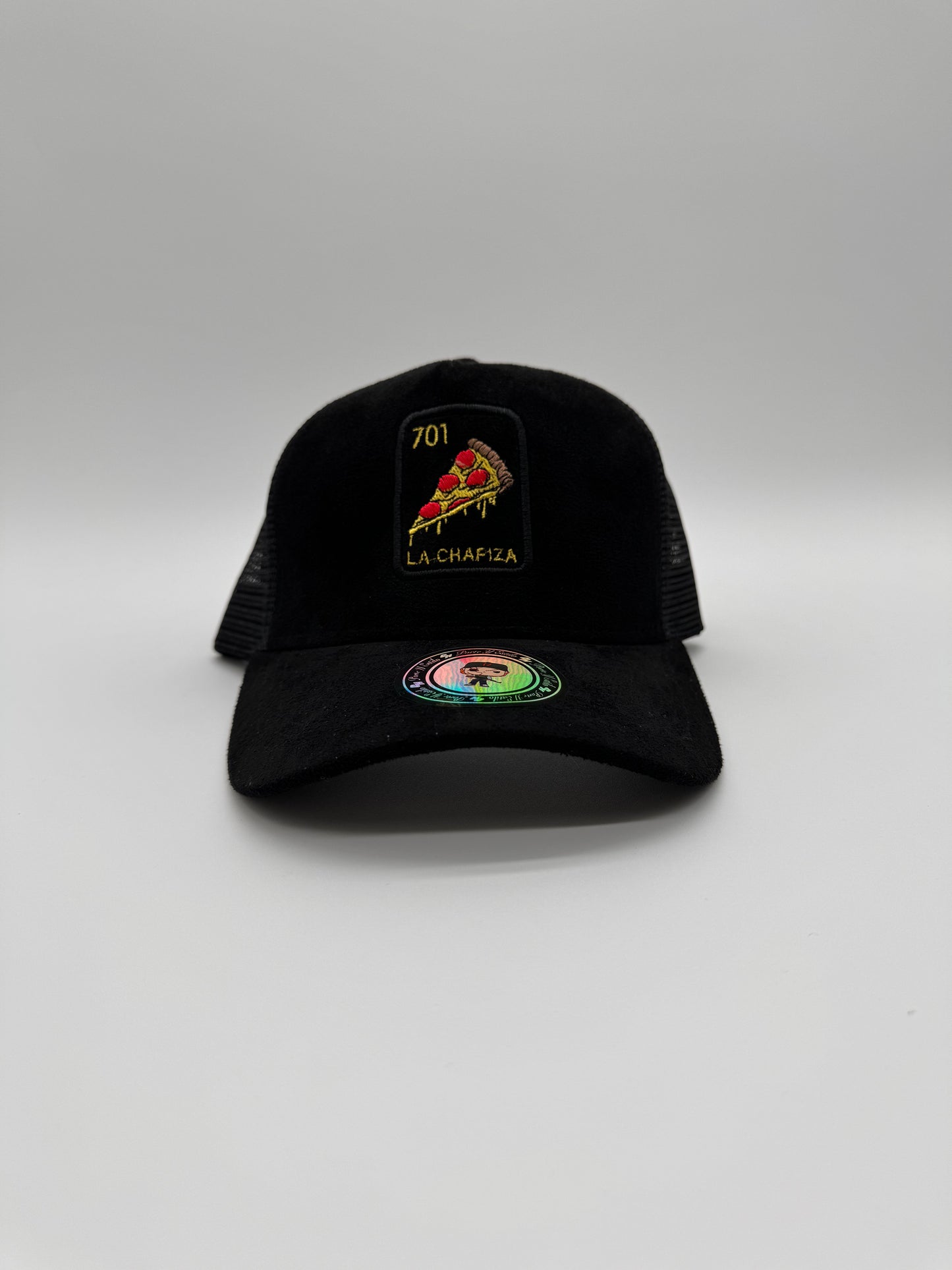 La chapizza black suede trucker hat