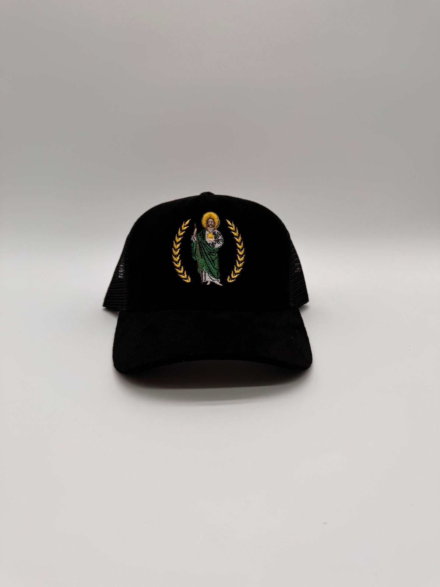 San judas black suede trucker hat