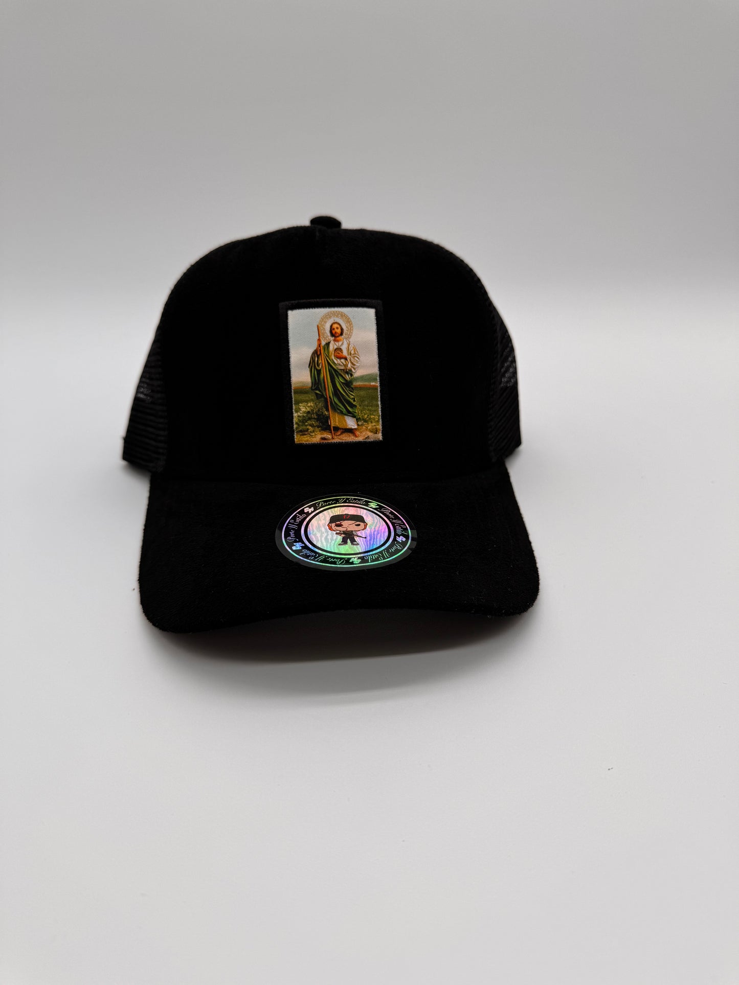 San juditas black suede trucker hat