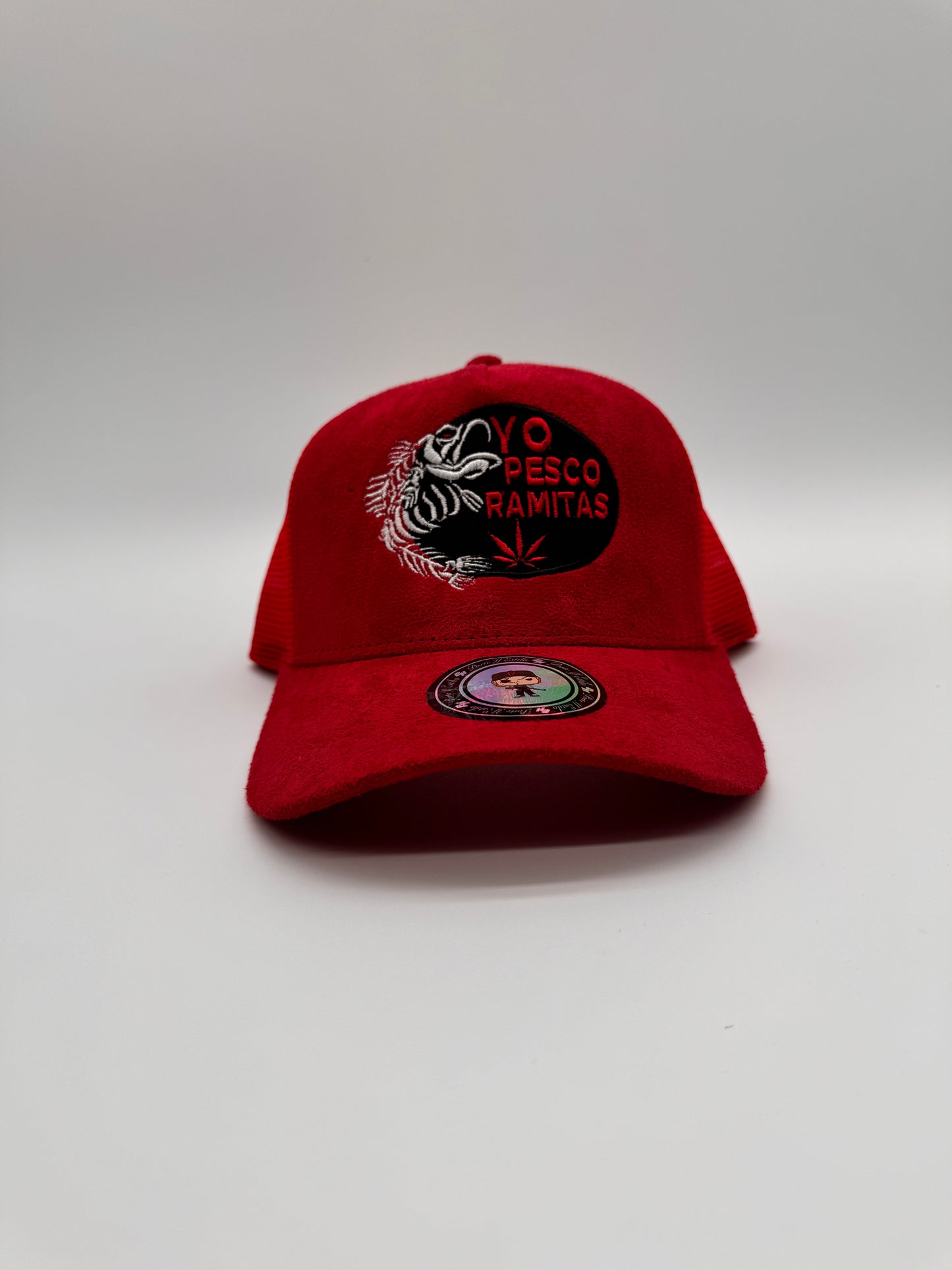 Yo pesco ramitas red suede trucker hat