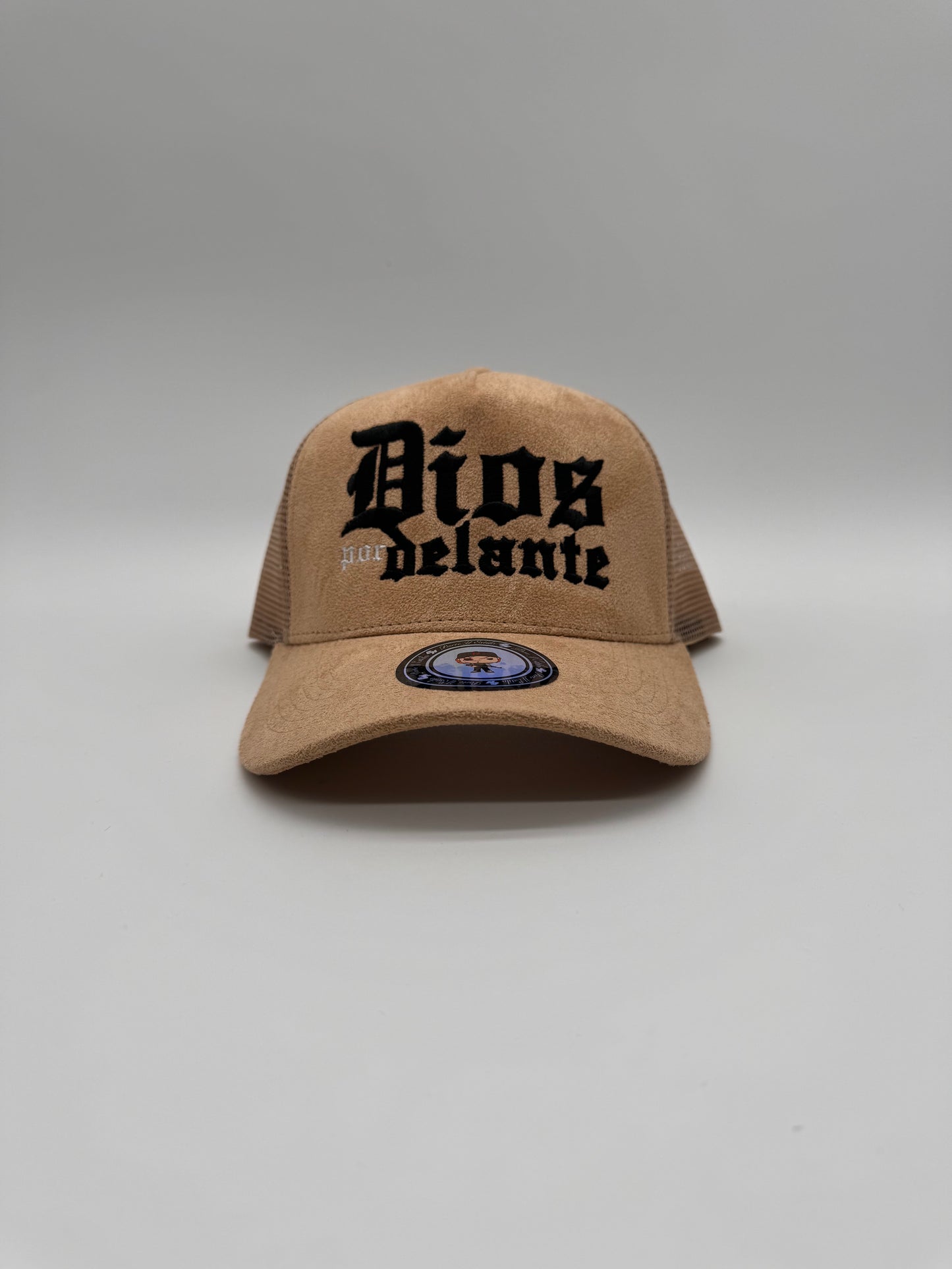 Dios por delante khaki suede trucker hat