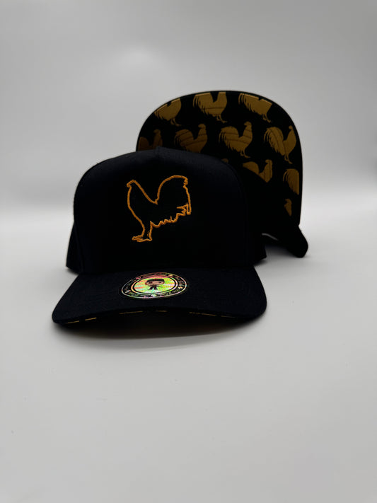 El gallo de oro snapback with gold roosters under visor