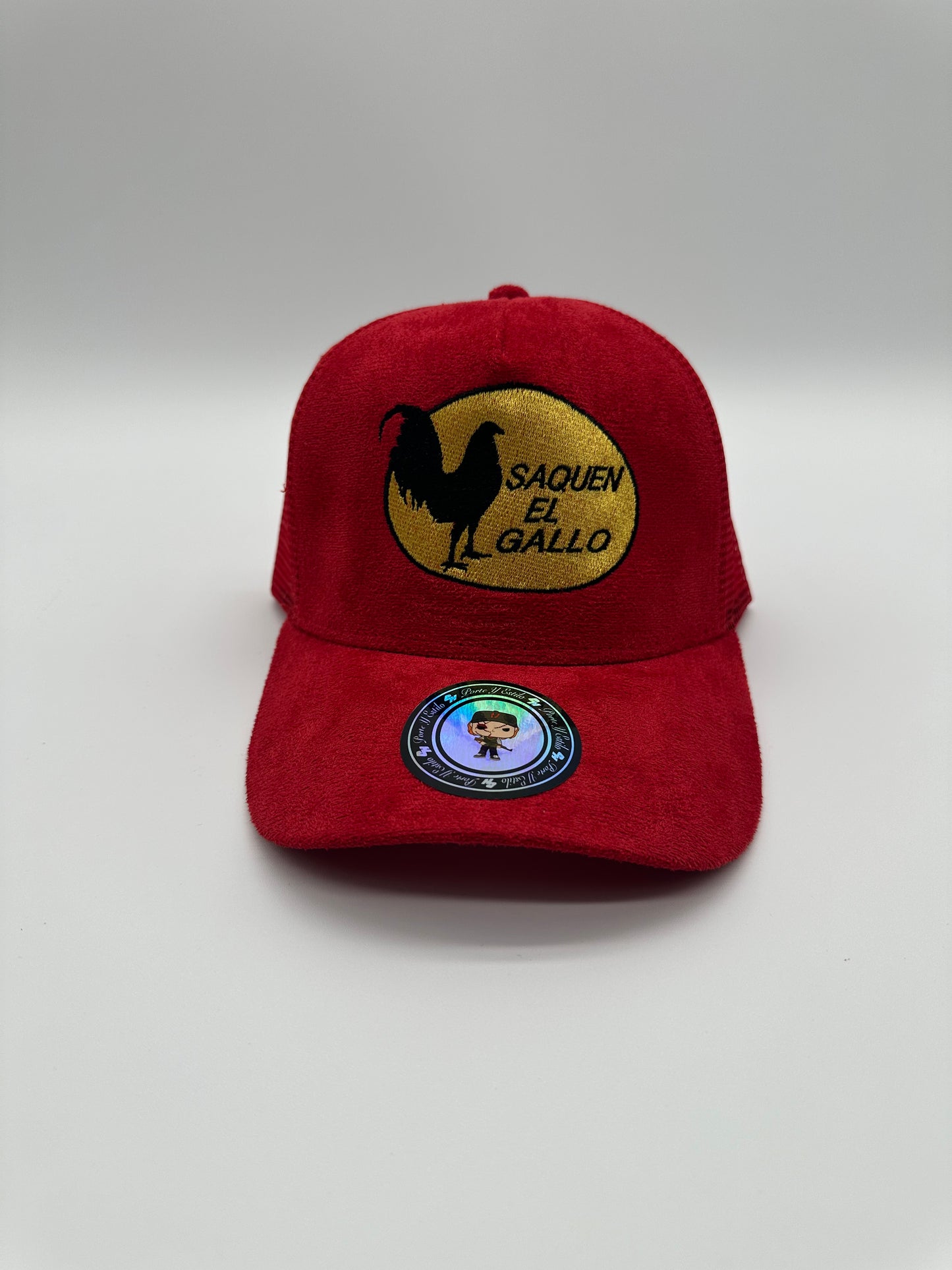 Saquen el gallo red suede trucker hat